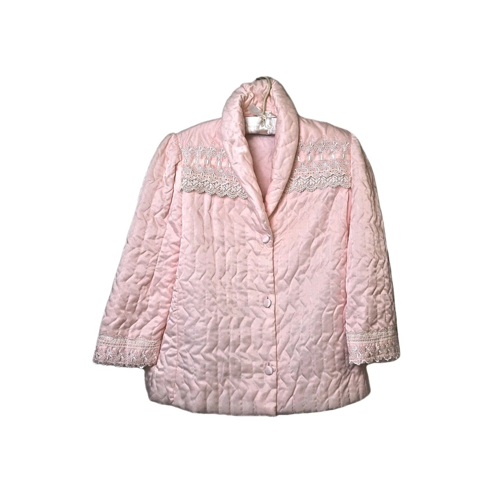 Vintage 1980s‎ Christian Dior Bed Jacket Quilted Peach Pink Eyelet Lace Small